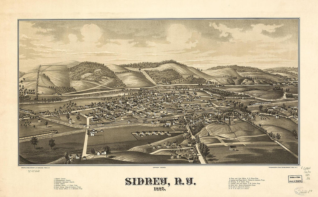 This old map of Sidney, New York from 1887 was created by Burleigh Litho, L. R. (Lucien R.) Burleigh in 1887