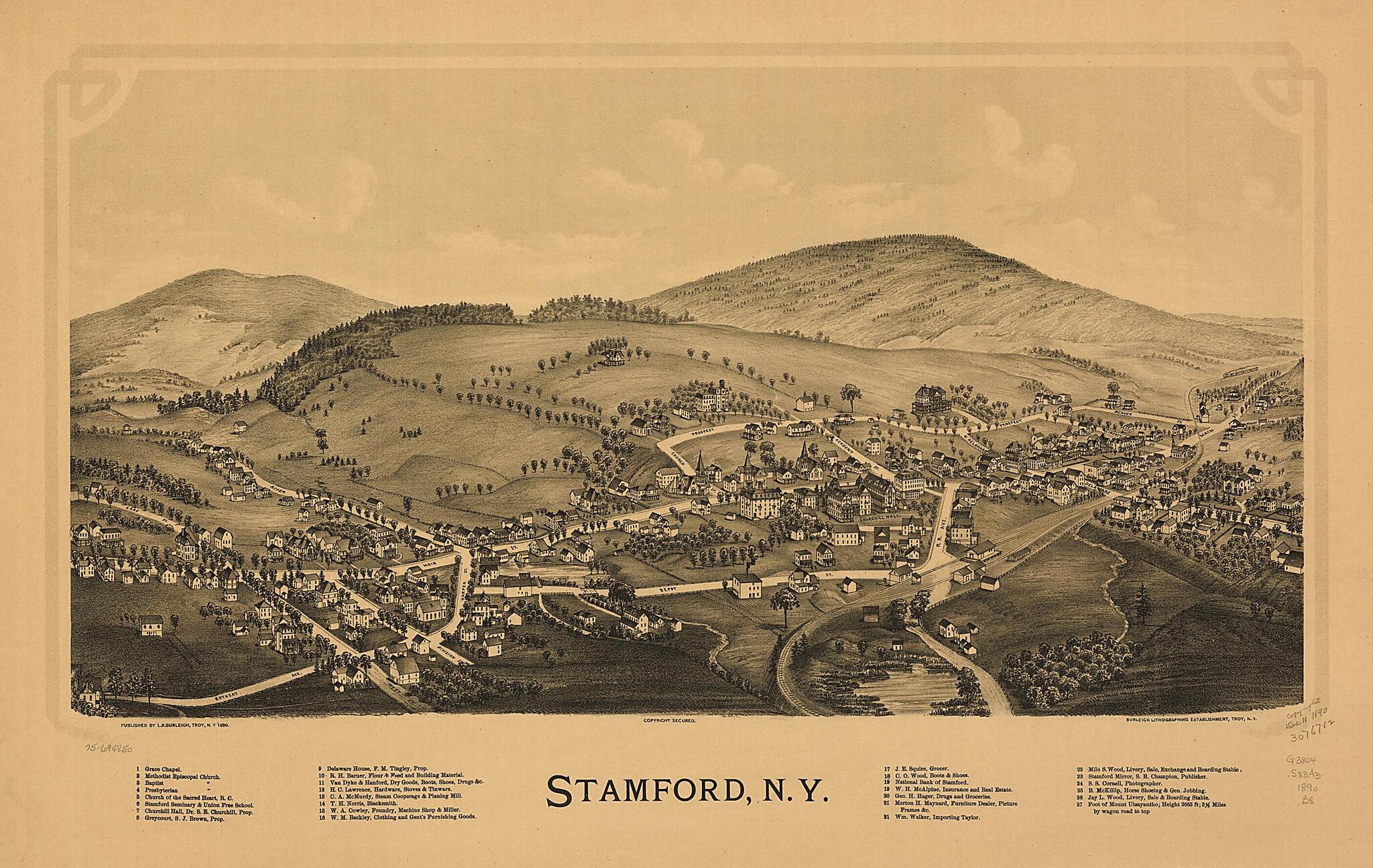 This old map of Stamford, New York from 1890 was created by Burleigh Litho, L. R. (Lucien R.) Burleigh in 1890