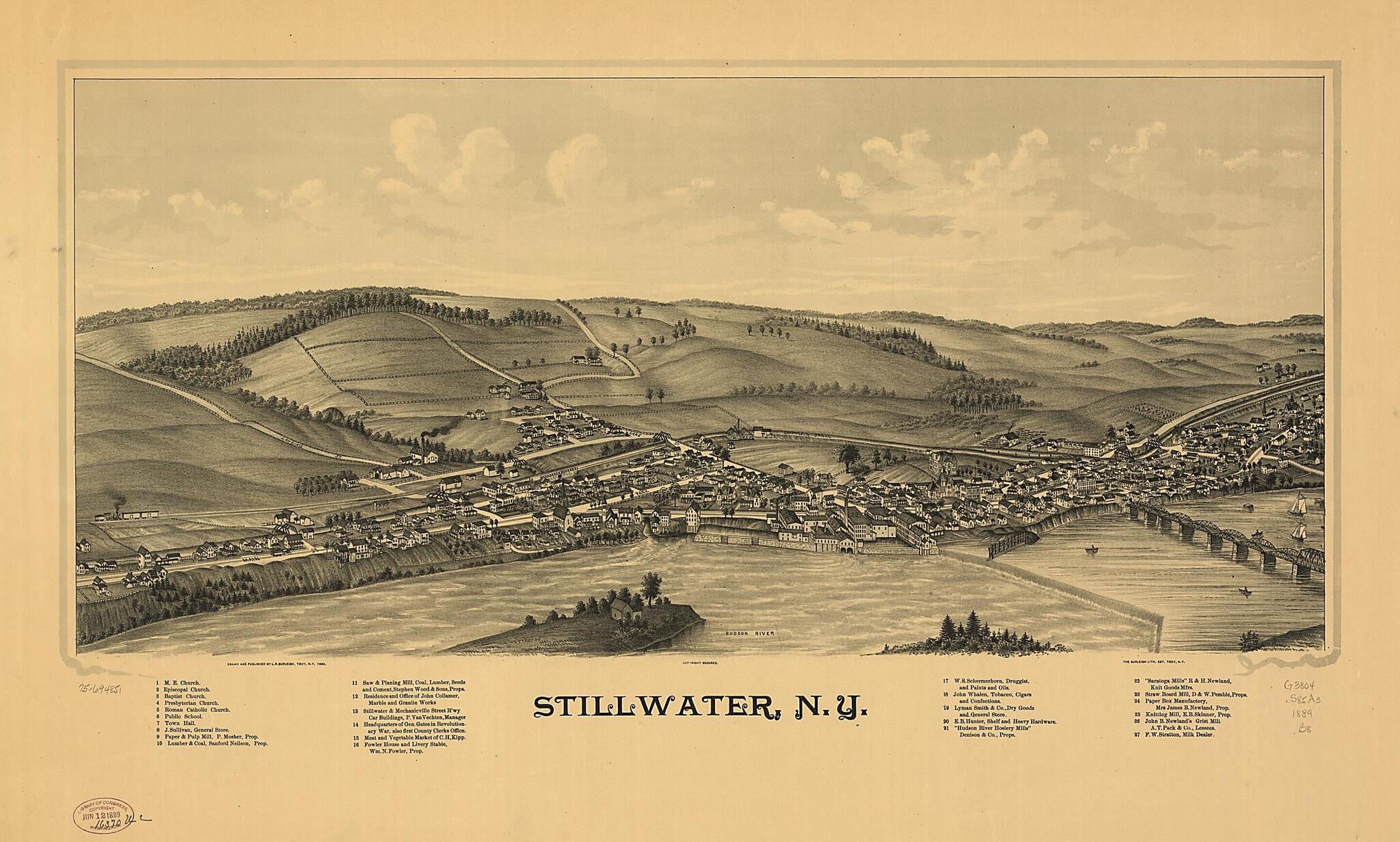 This old map of Stillwater, New York from 1889 was created by Burleigh Litho, L. R. (Lucien R.) Burleigh in 1889