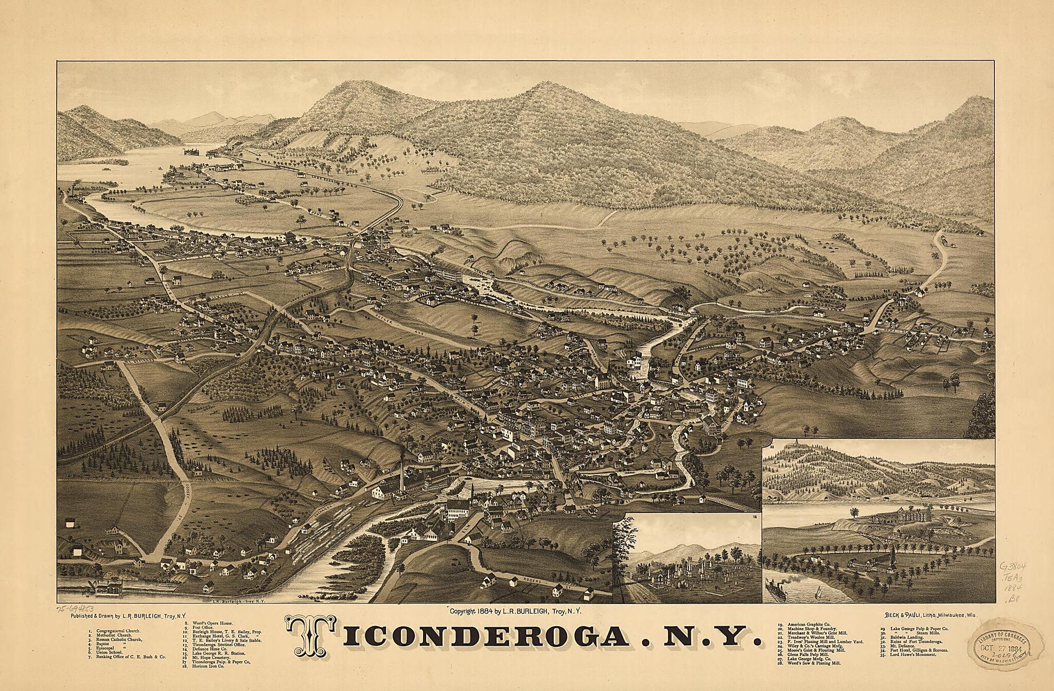 This old map of Ticonderoga, New York from 1884 was created by Beck & Pauli, L. R. (Lucien R.) Burleigh in 1884