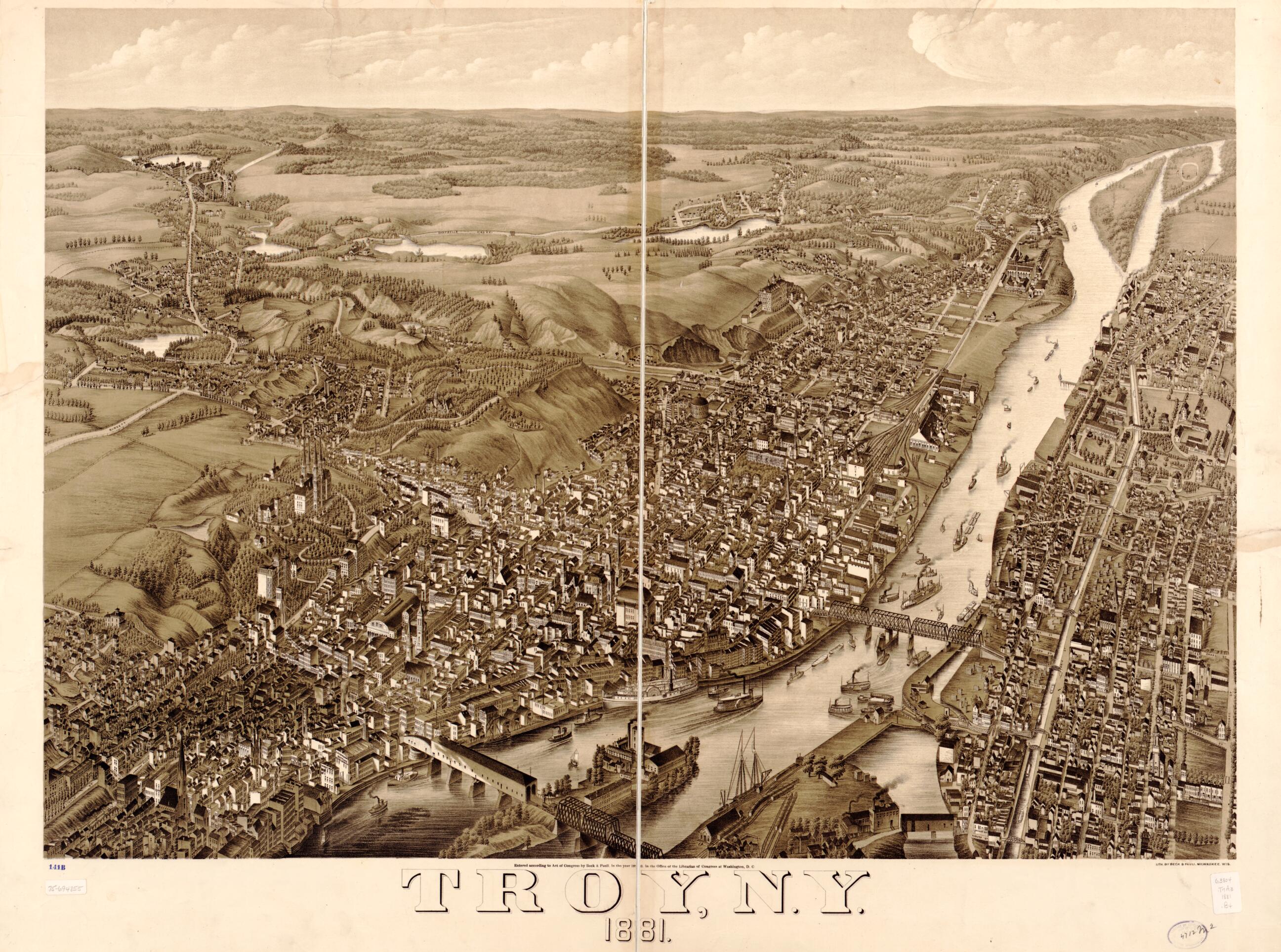 This old map of Troy, New York from 1881 was created by Beck & Pauli in 1881