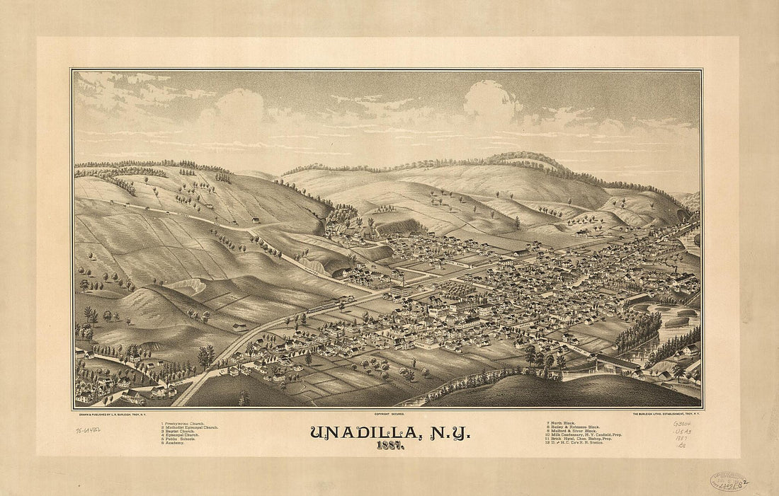This old map of Unadilla, New York from 1887 was created by Burleigh Litho, L. R. (Lucien R.) Burleigh in 1887
