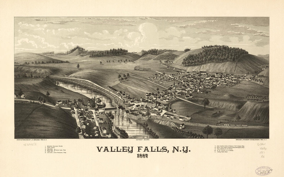 This old map of Valley Falls, New York from 1887 was created by Burleigh Litho, L. R. (Lucien R.) Burleigh in 1887