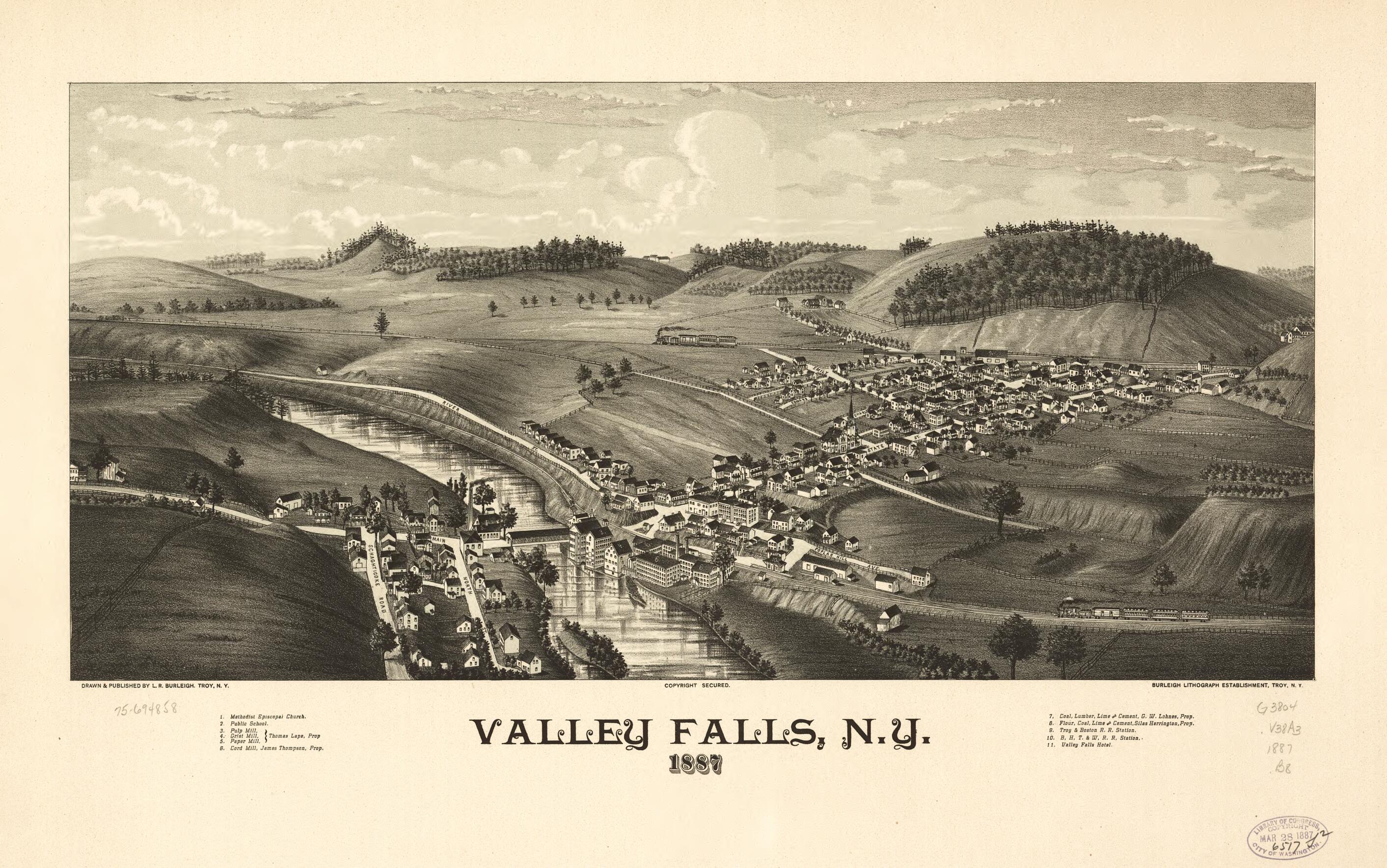 This old map of Valley Falls, New York from 1887 was created by Burleigh Litho, L. R. (Lucien R.) Burleigh in 1887