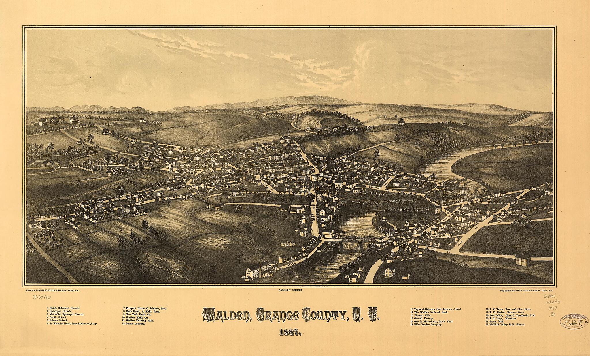 This old map of Walden, Orange County, New York from 1887 was created by Burleigh Litho, L. R. (Lucien R.) Burleigh in 1887