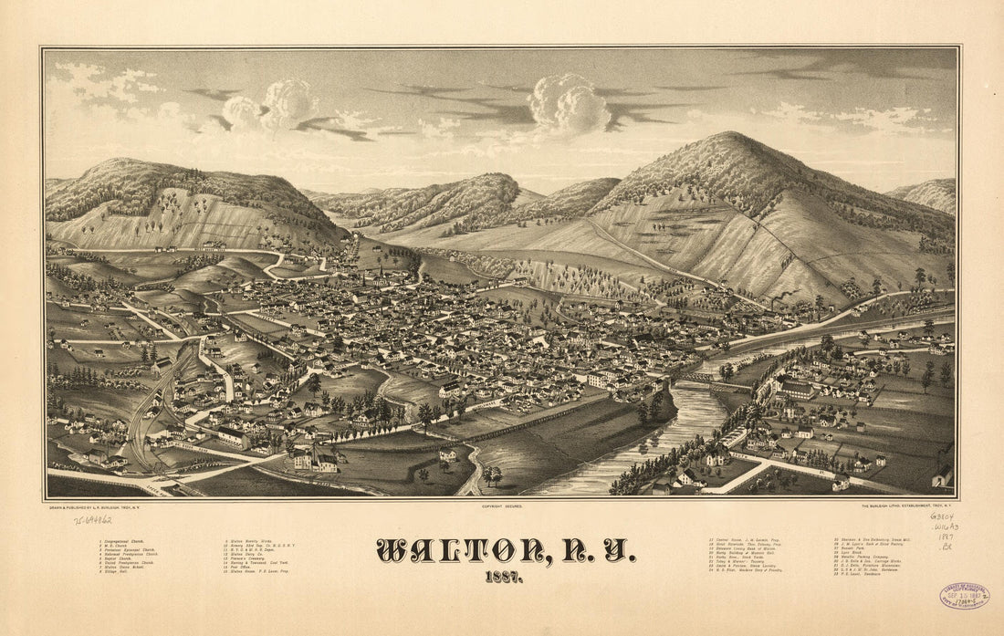 This old map of Walton, New York from 1887 was created by Burleigh Litho, L. R. (Lucien R.) Burleigh in 1887
