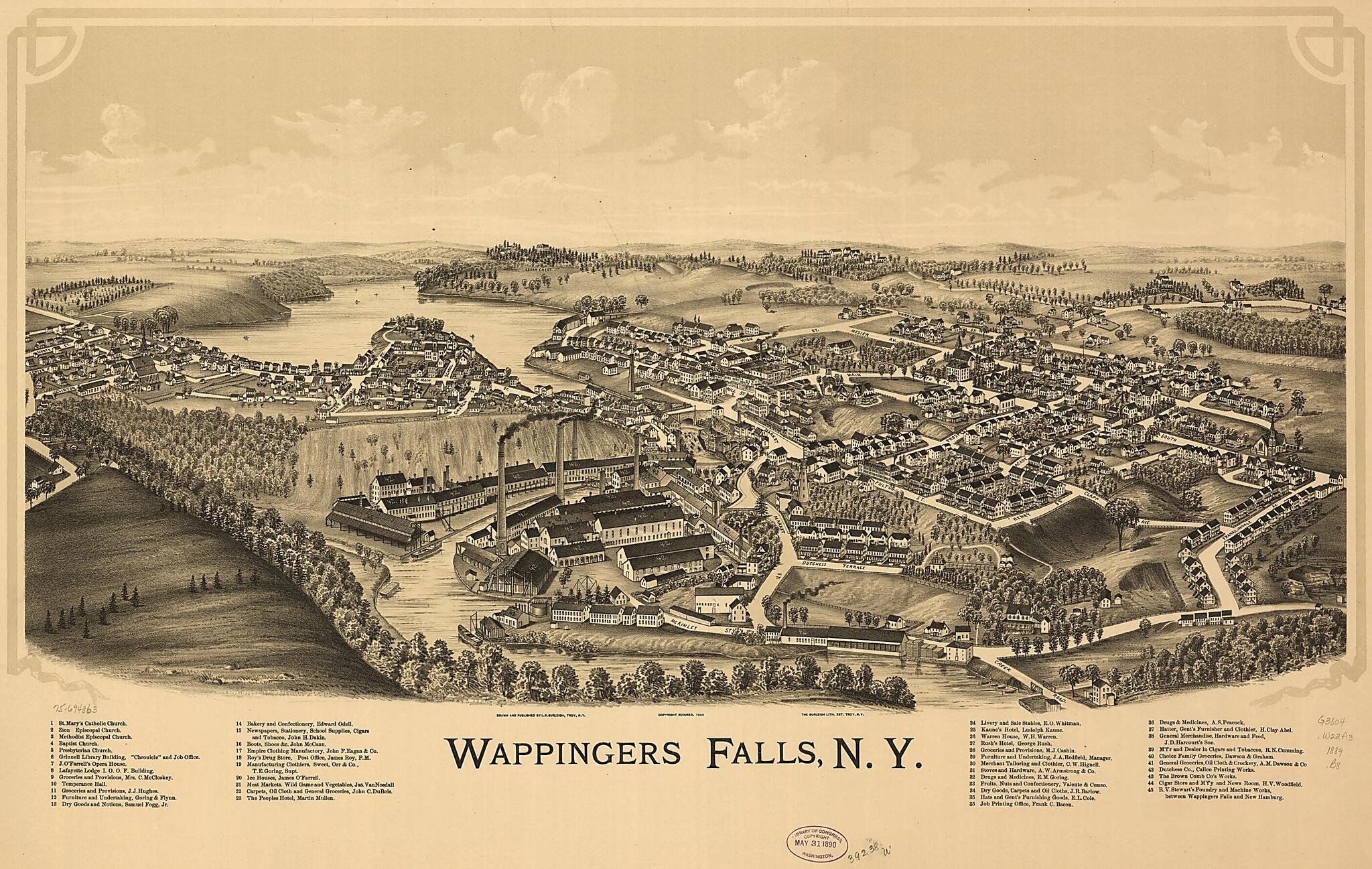 This old map of Wappingers Falls, New York from 1889 was created by Burleigh Litho, L. R. (Lucien R.) Burleigh in 1889