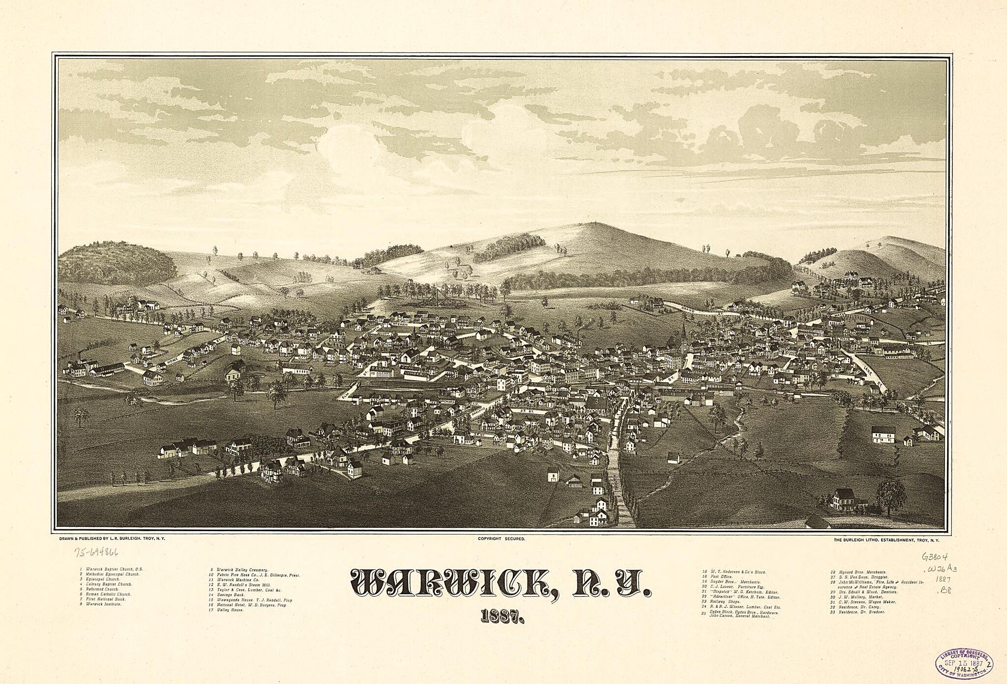 This old map of Warwick, New York from 1887 was created by Burleigh Litho, L. R. (Lucien R.) Burleigh in 1887
