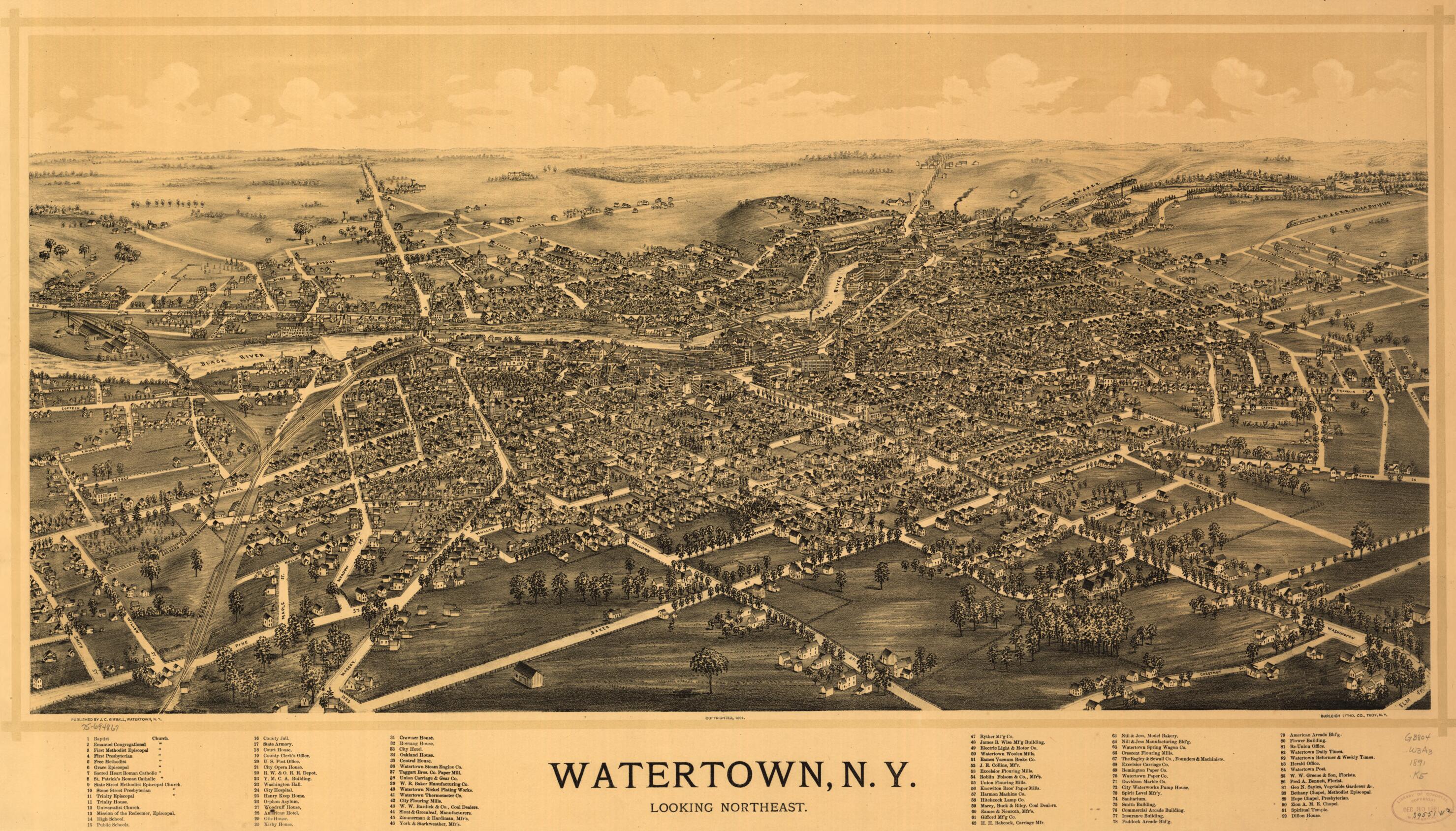 This old map of Watertown, New York from 1891 was created by Burleigh Litho, J. C. Kimball in 1891