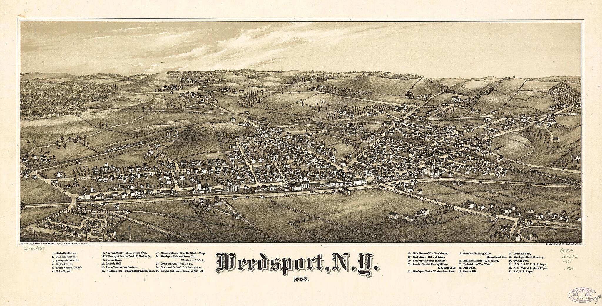 This old map of Weedsport, New York from 1885 was created by L. R. (Lucien R.) Burleigh, C.H. Vogt & Son in 1885