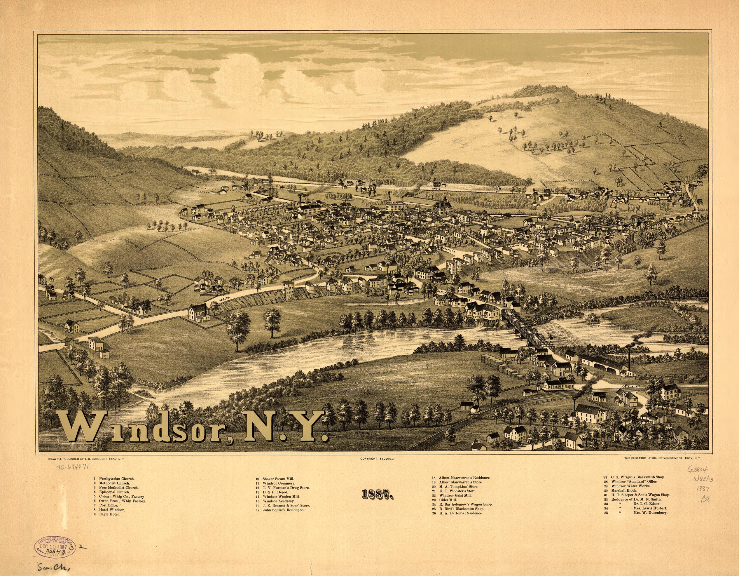 This old map of Windsor, New York from 1887 was created by Burleigh Litho, L. R. (Lucien R.) Burleigh in 1887