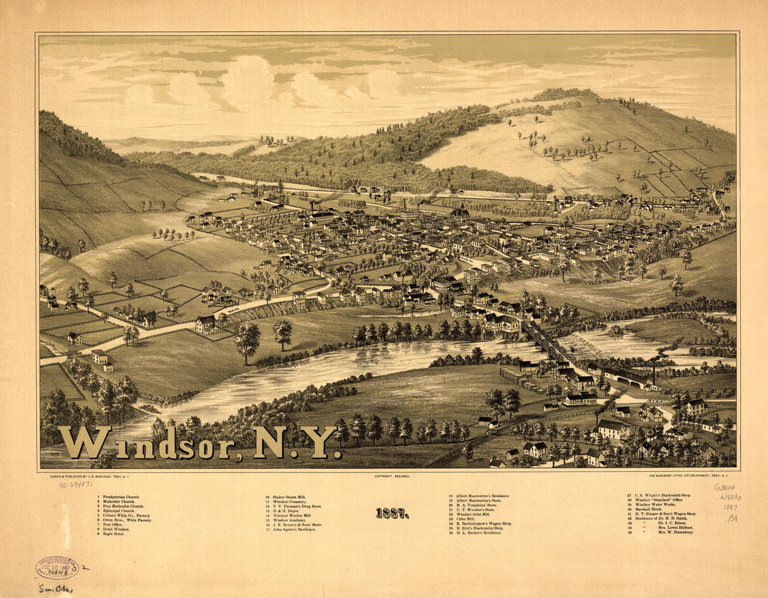 This old map of Windsor, New York from 1887 was created by Burleigh Litho, L. R. (Lucien R.) Burleigh in 1887