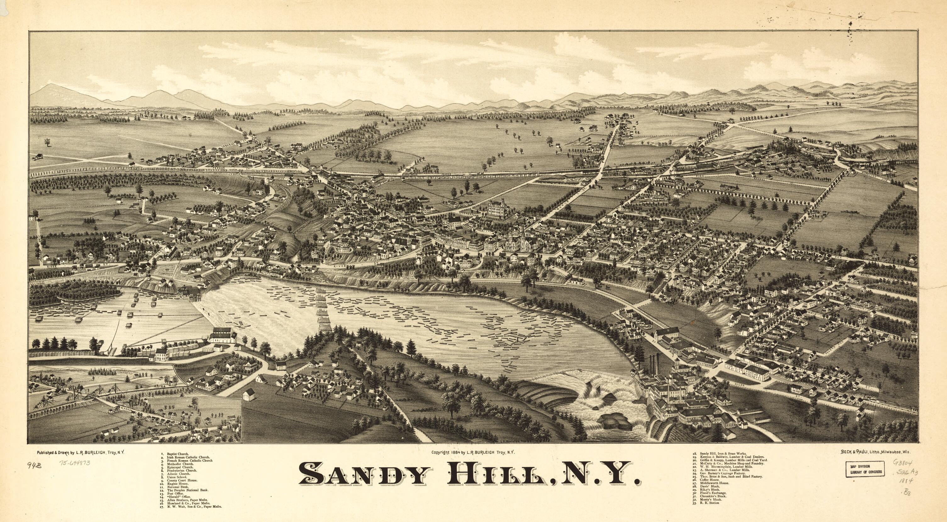 This old map of Sandy Hill, New York from 1884 was created by Beck & Pauli, L. R. (Lucien R.) Burleigh in 1884