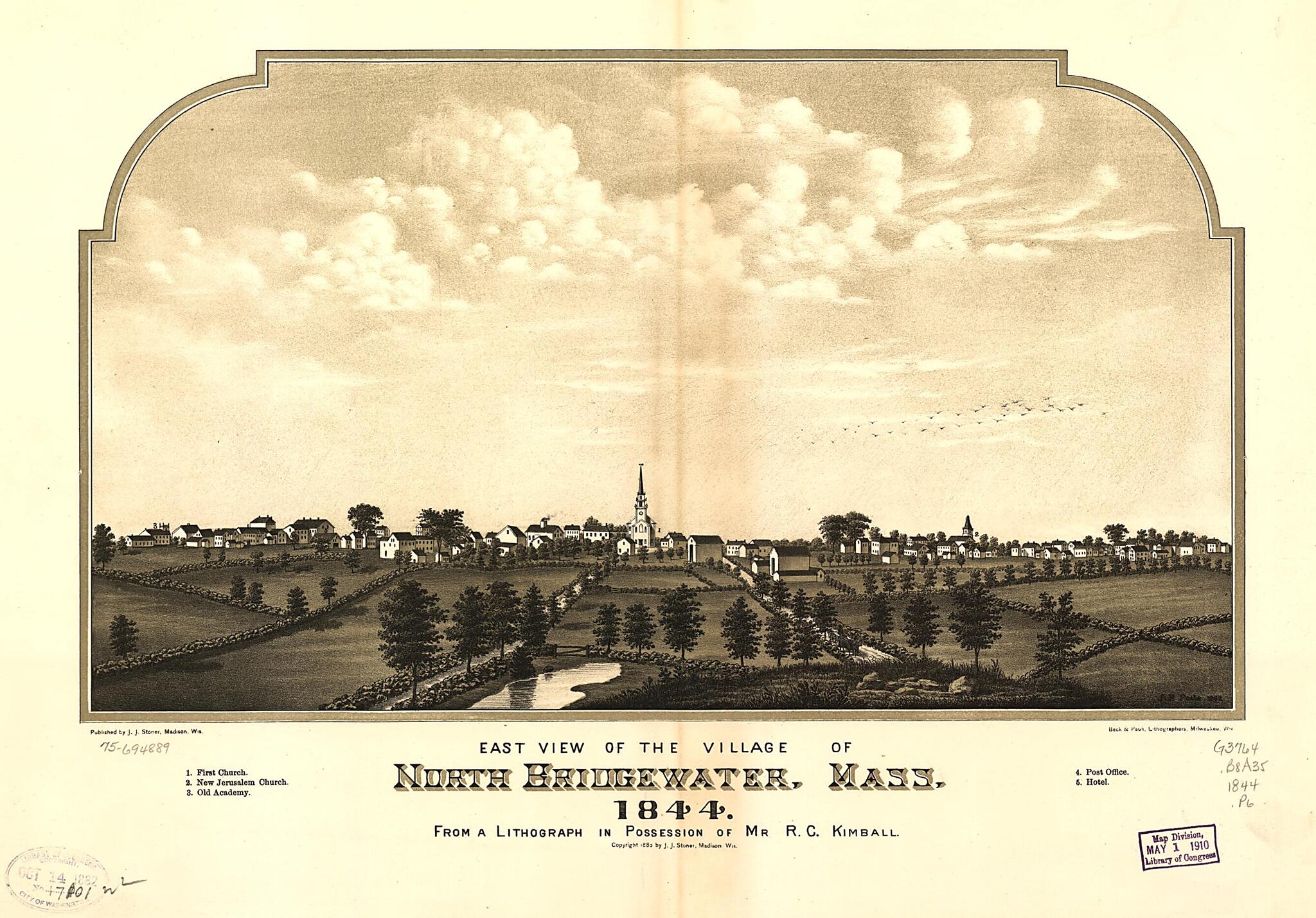 This old map of East View of the Village of North Bridgewater, Massachusetts from 1844 was created by Beck & Pauli, A. F. Poole, J. J. Stoner in 1844