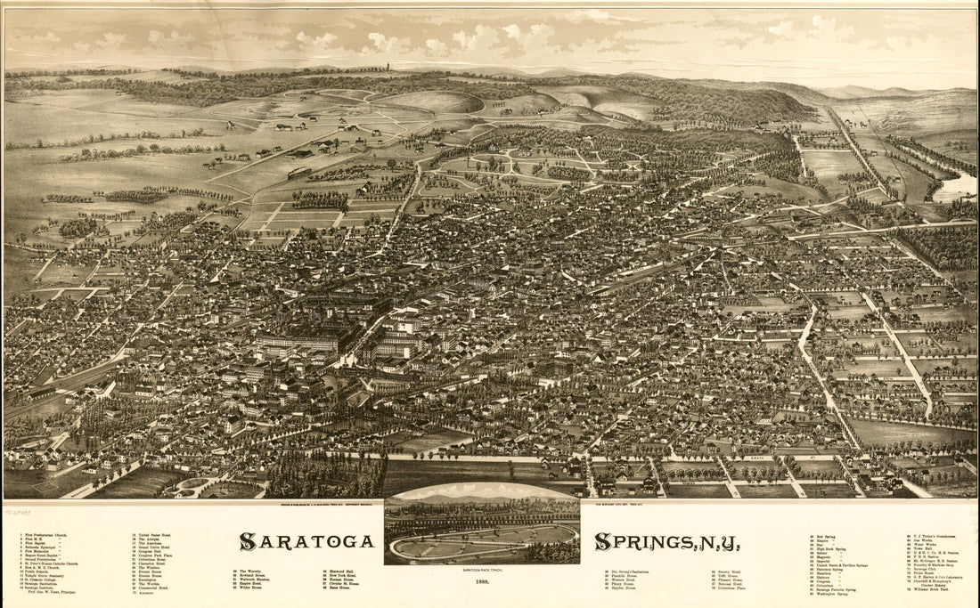 This old map of Saratoga Springs, New York from 1888 was created by Burleigh Litho, L. R. (Lucien R.) Burleigh in 1888