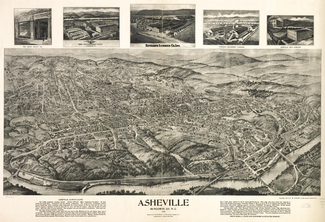 This old map of Asheville, Buncombe Co. N.C. from 1912 was created by Charles Hart Litho, T. M. (Thaddeus Mortimer) Fowler in 1912