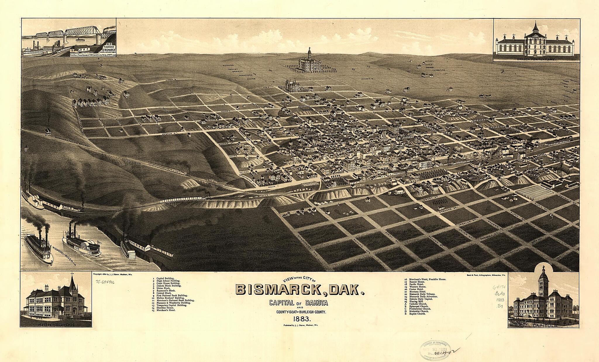 This old map of Seat of Burleigh-County from 1883 was created by Beck & Pauli, J. J. Stoner in 1883