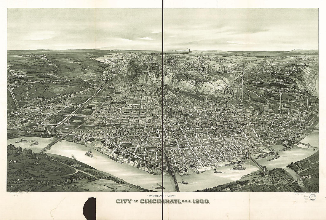 This old map of Panoramic View, City of Cincinnati, U.S.A. from 1900 was created by Henderson Lithographing Co, John L. Trout in 1900