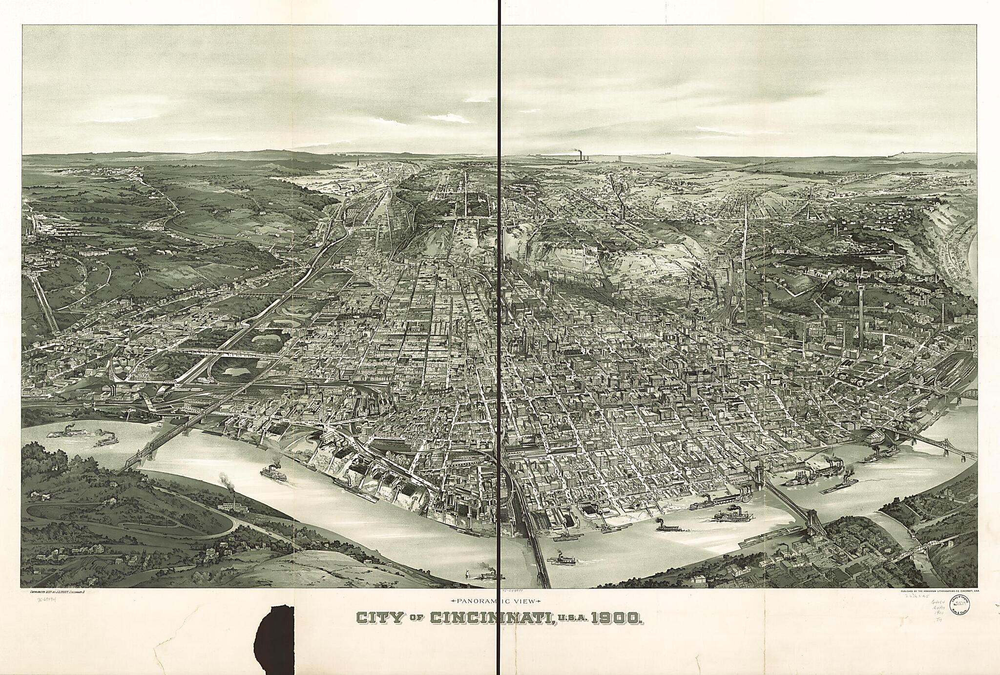 This old map of Panoramic View, City of Cincinnati, U.S.A. from 1900 was created by Henderson Lithographing Co, John L. Trout in 1900