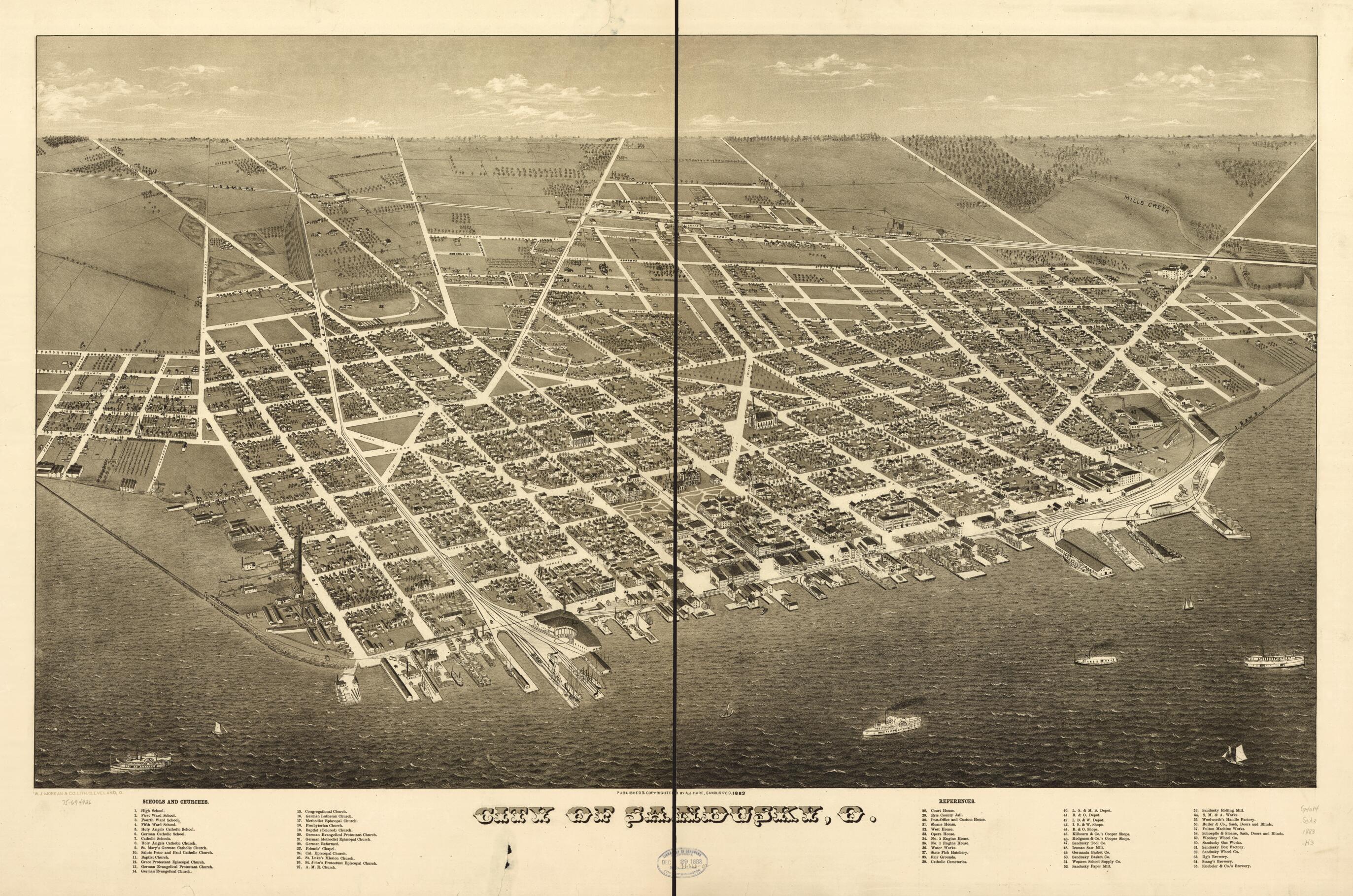 This old map of City of Sandusky, Ohio from 1883 was created by A. J. Hare, Morgan (W.J.) & Co. Lith in 1883