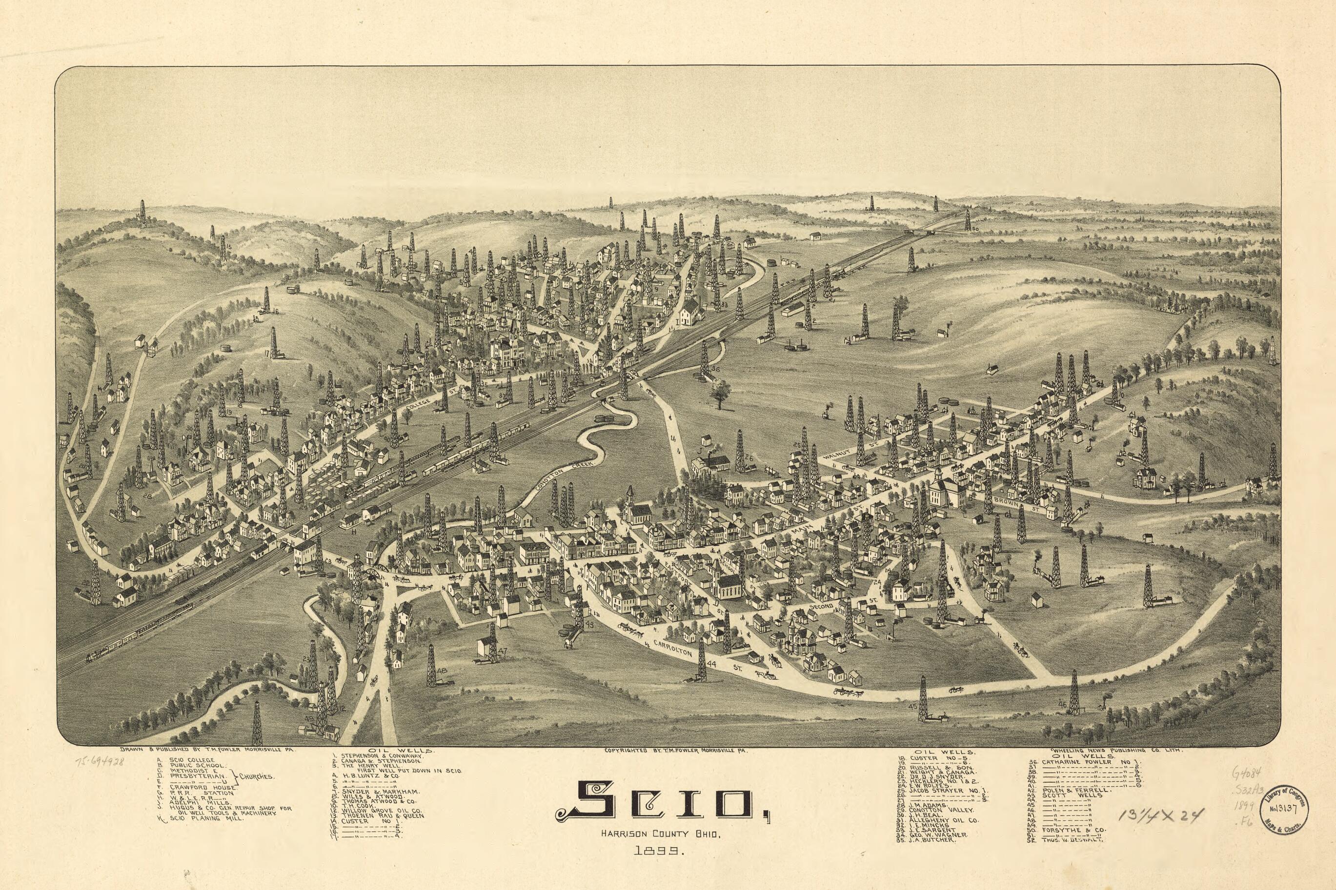 This old map of Scio, Harrison County, Ohio from 1899 was created by T. M. (Thaddeus Mortimer) Fowler, Wheeling News Publishing Co in 1899