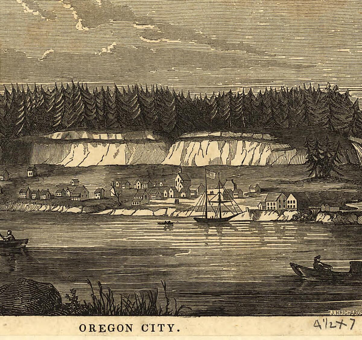 This old map of Oregon City from 1850 was created by James H. Richardson in 1850