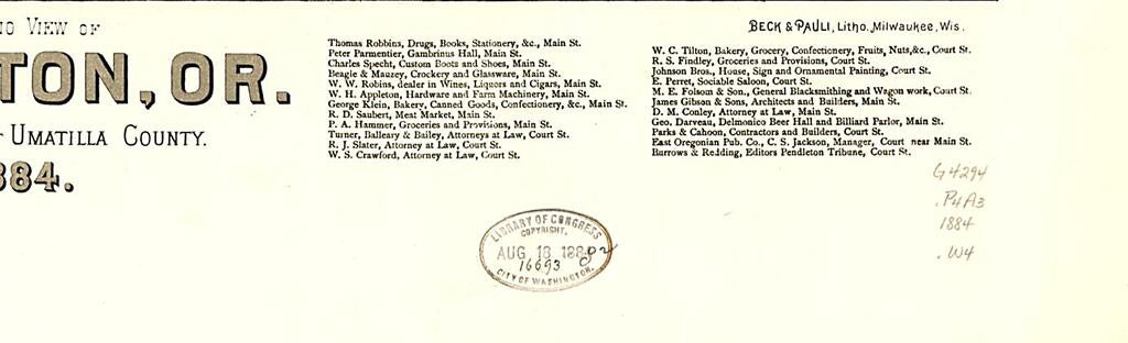 This old map of Panoramic View of Pendleton, Or., County Seat of Umatilla County from 1884 was created by  Beck & Pauli, J. J. Stoner, H. (Henry) Wellge in 1884