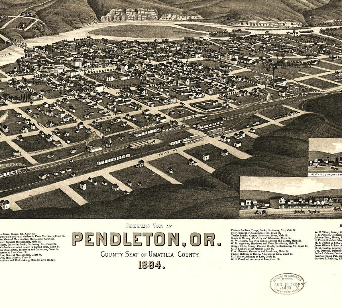 This old map of Panoramic View of Pendleton, Or., County Seat of Umatilla County from 1884 was created by  Beck & Pauli, J. J. Stoner, H. (Henry) Wellge in 1884