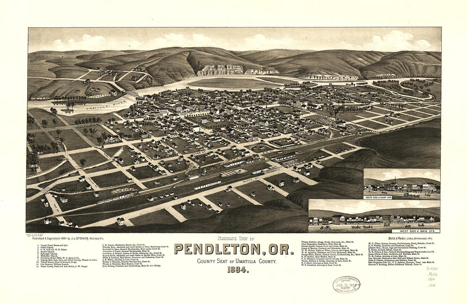 This old map of Panoramic View of Pendleton, Or., County Seat of Umatilla County from 1884 was created by  Beck & Pauli, J. J. Stoner, H. (Henry) Wellge in 1884