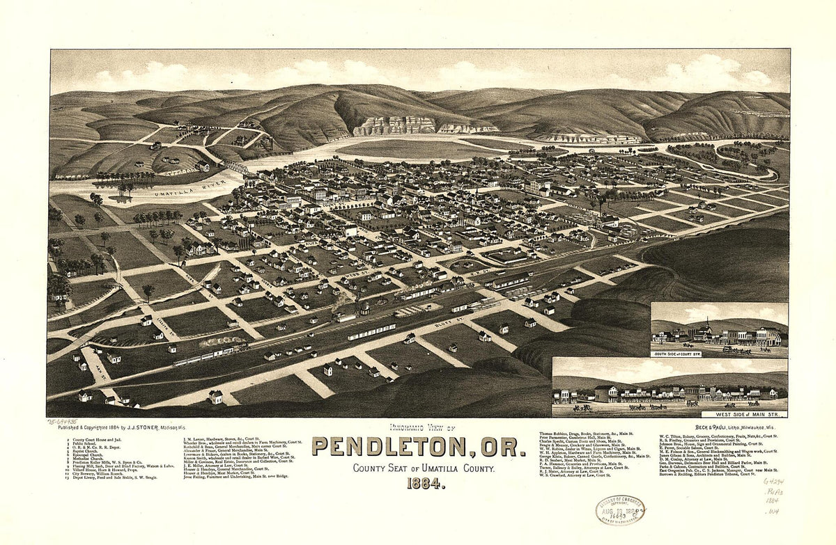 Panoramic View of Pendleton, Or., County Seat of Umatilla County 1884 by Relic Map Company