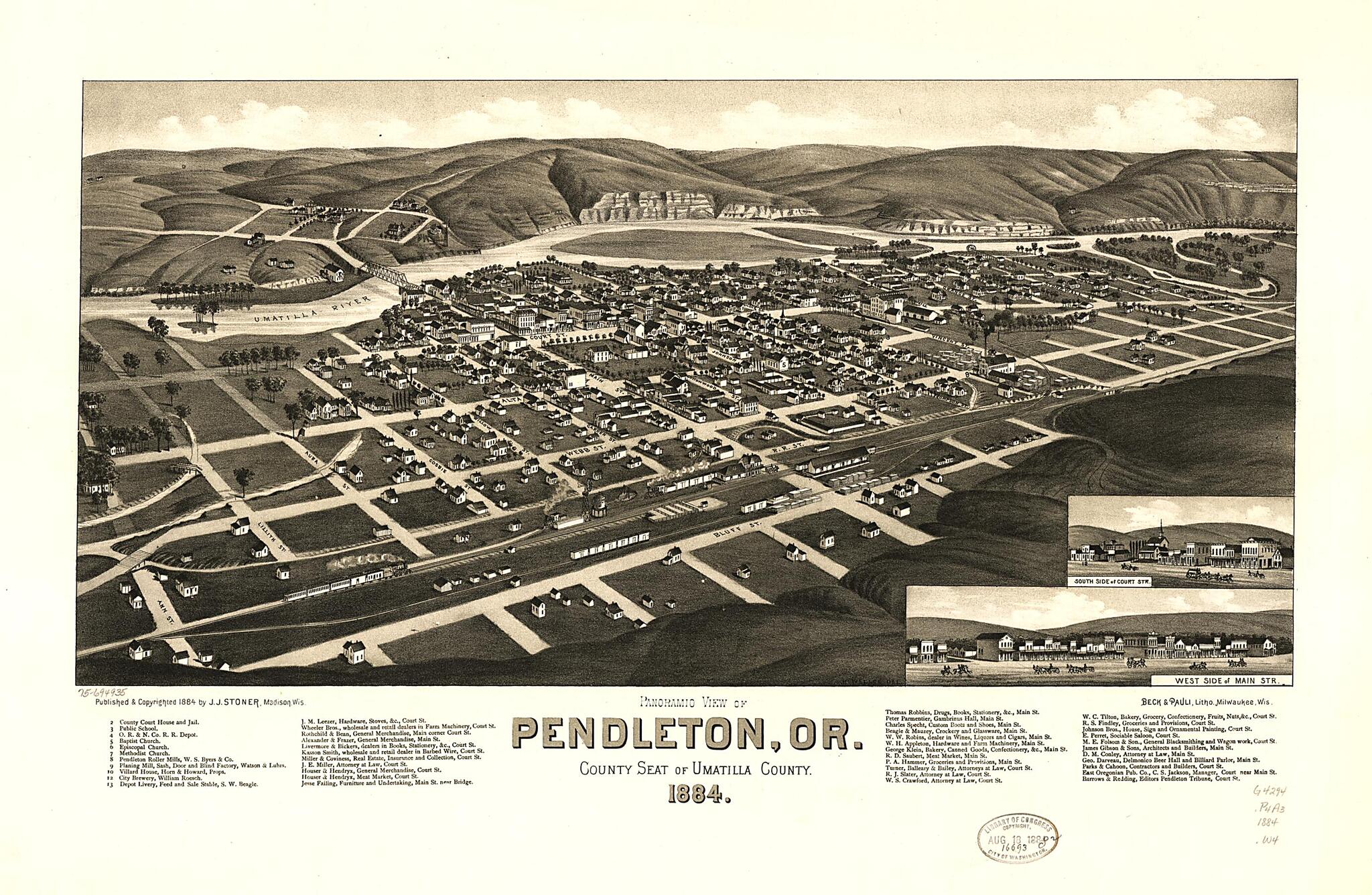 This old map of Panoramic View of Pendleton, Or., County Seat of Umatilla County from 1884 was created by Beck & Pauli, J. J. Stoner, H. (Henry) Wellge in 1884