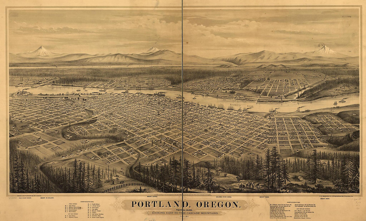 This old map of Portland, Oregon from 1879 was created by  A.L. Bancroft & Company, E. S. (Eli Sheldon) Glover in 1879