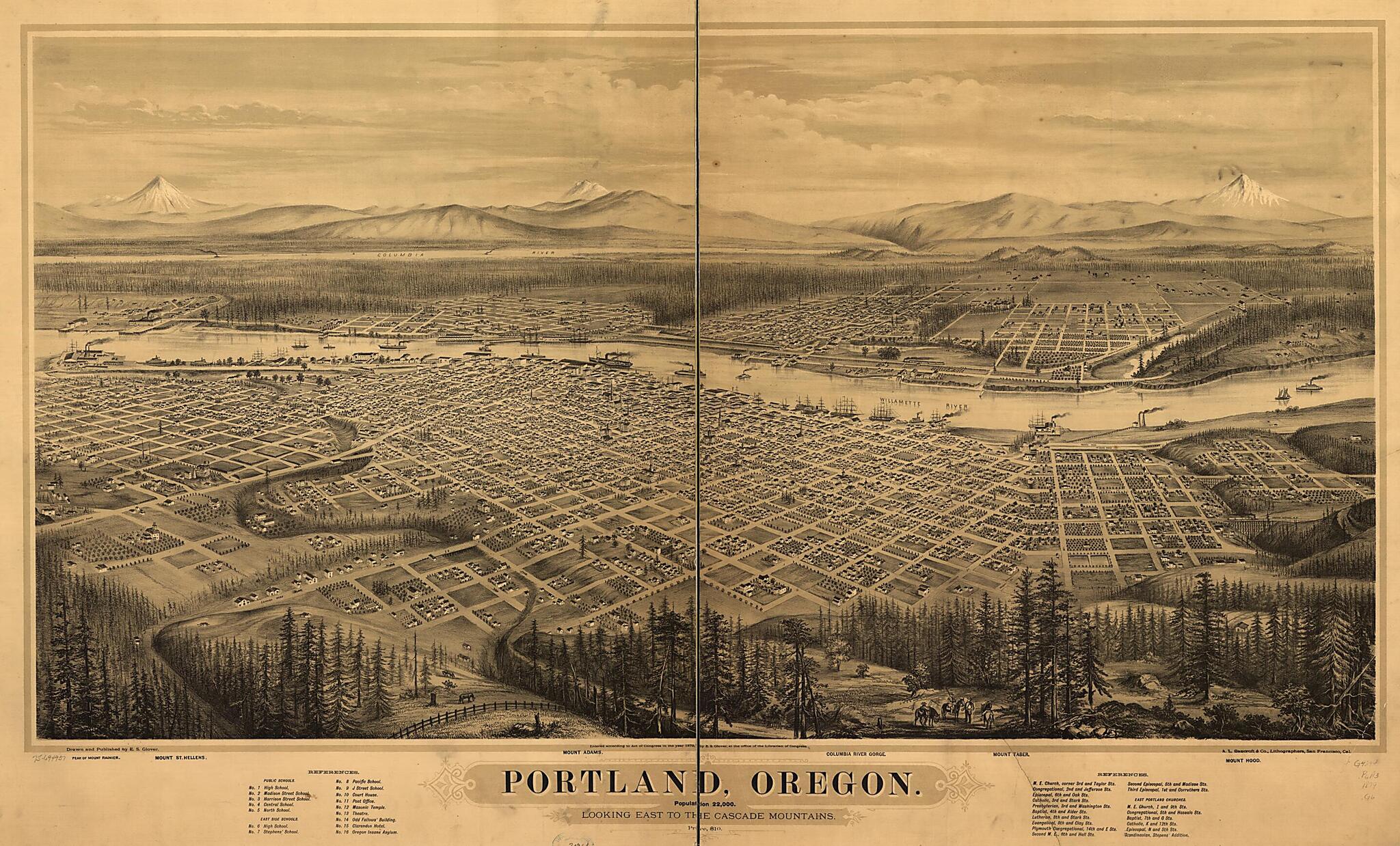 This old map of Portland, Oregon from 1879 was created by  A.L. Bancroft & Company, E. S. (Eli Sheldon) Glover in 1879