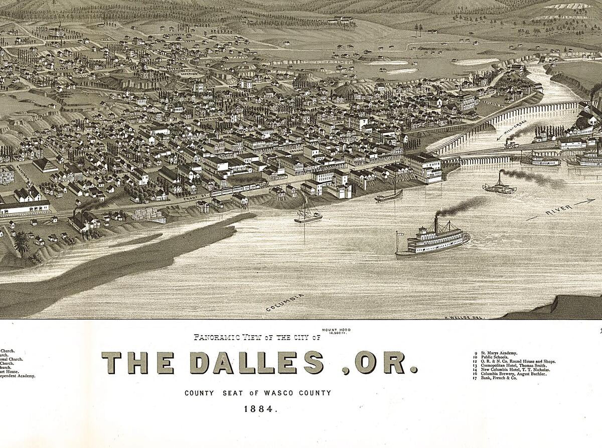 This old map of Panoramic View of the City of the Dalles, Or. County Seat of Wasco County from 1884 was created by  Beck & Pauli, J. J. Stoner, H. (Henry) Wellge in 1884