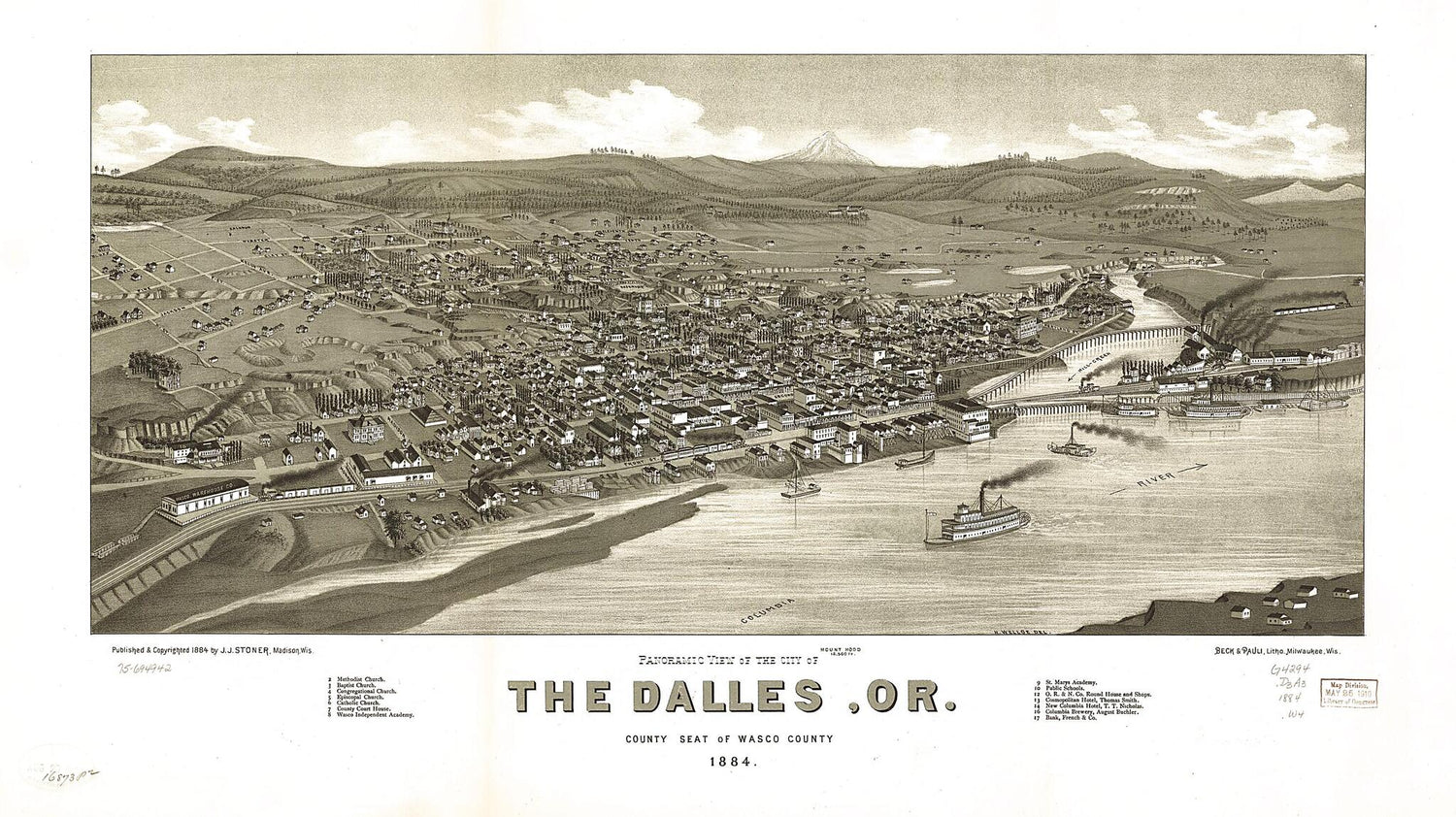 This old map of Panoramic View of the City of the Dalles, Or. County Seat of Wasco County from 1884 was created by  Beck & Pauli, J. J. Stoner, H. (Henry) Wellge in 1884