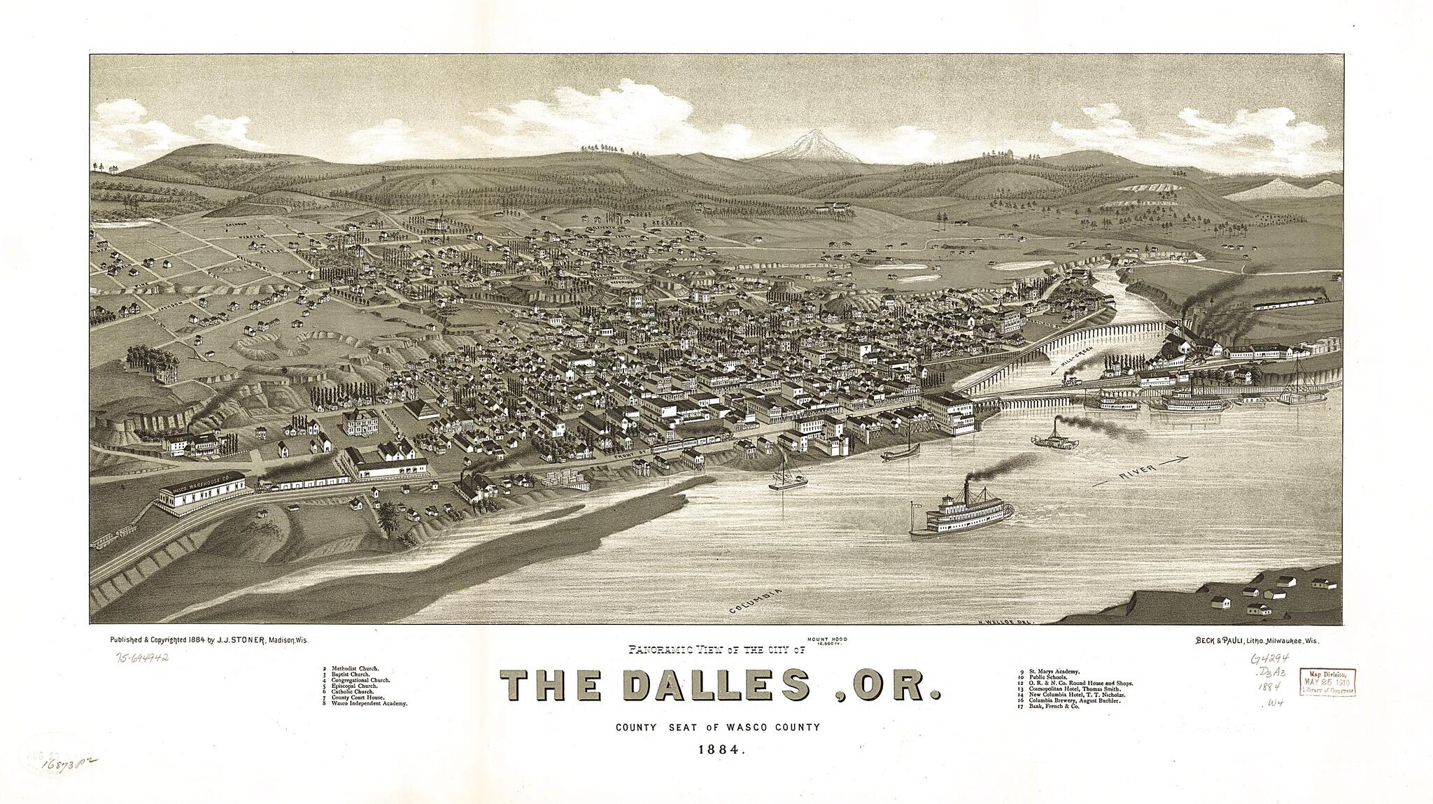 This old map of Panoramic View of the City of the Dalles, Or. County Seat of Wasco County from 1884 was created by Beck & Pauli, J. J. Stoner, H. (Henry) Wellge in 1884