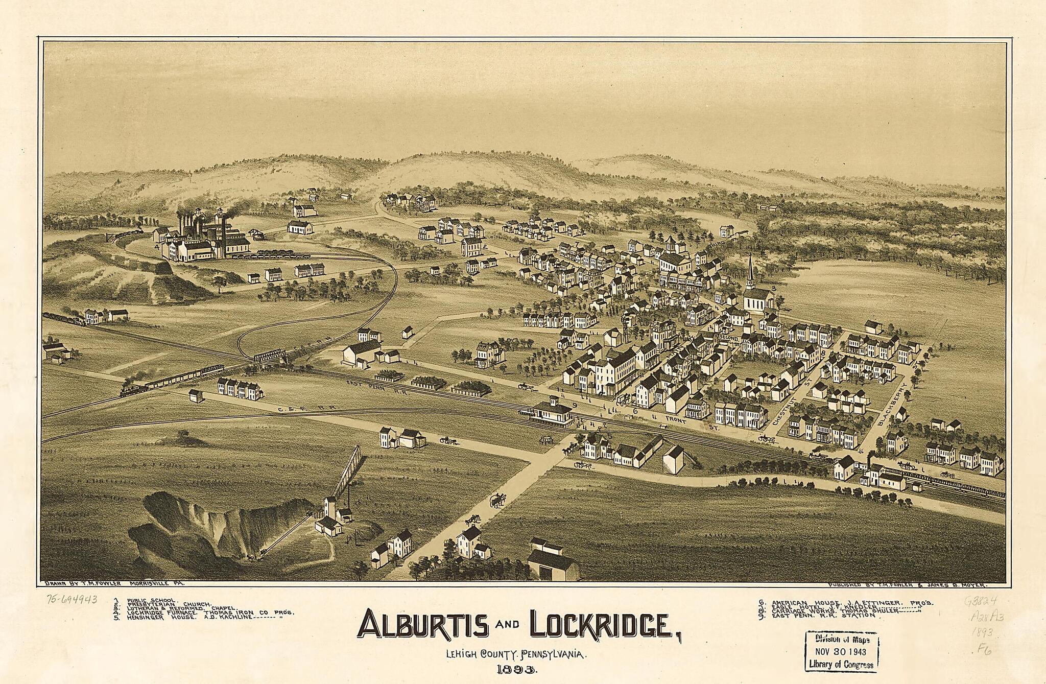 This old map of Alburtis and Lockridge, Lehigh County, Pennsylvania from 1893 was created by T. M. (Thaddeus Mortimer) Fowler, James B. Moyer in 1893