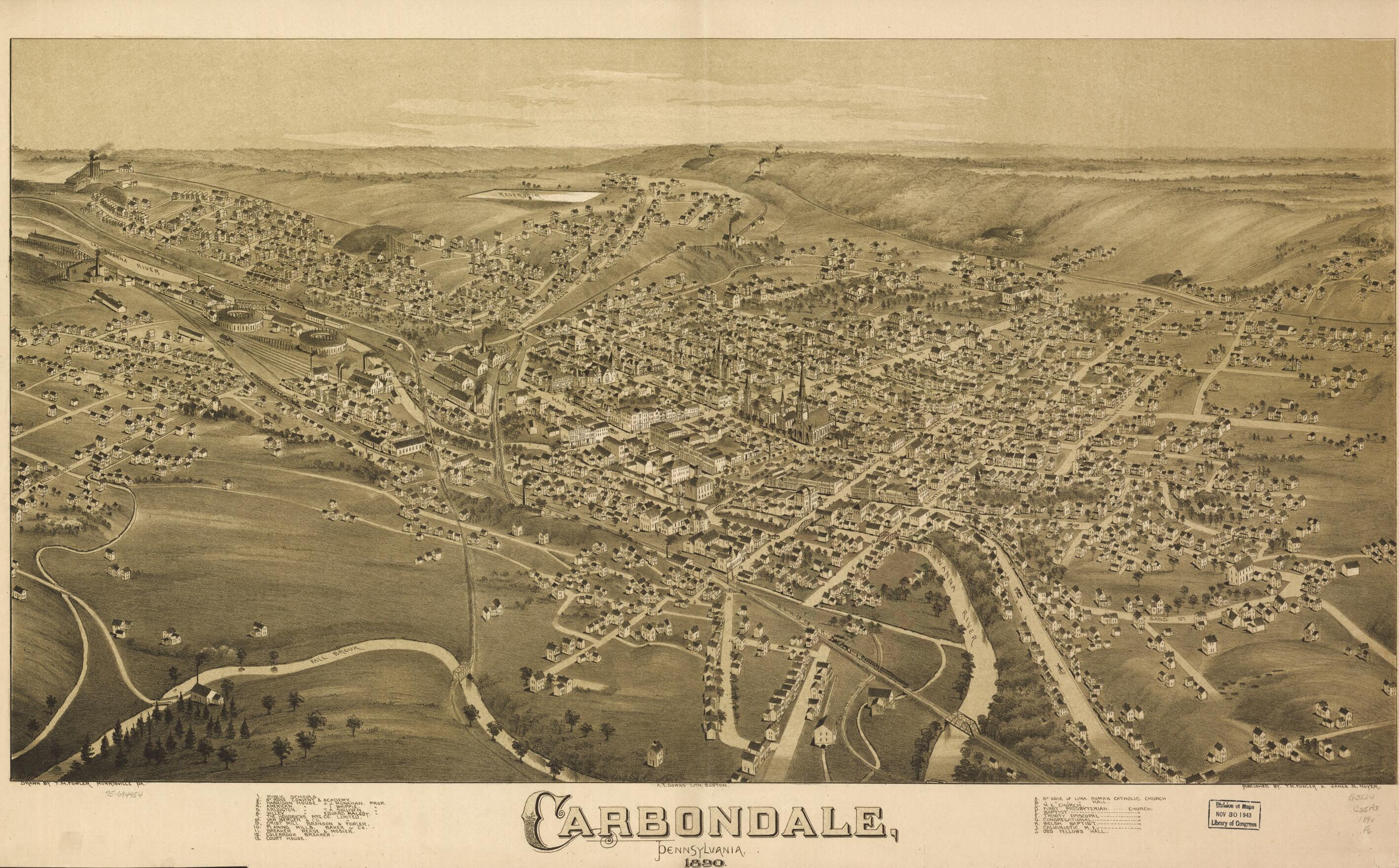 This old map of Carbondale, Pennsylvania, from 1890 was created by A. E. (Albert E.) Downs, T. M. (Thaddeus Mortimer) Fowler, James B. Moyer in 1890