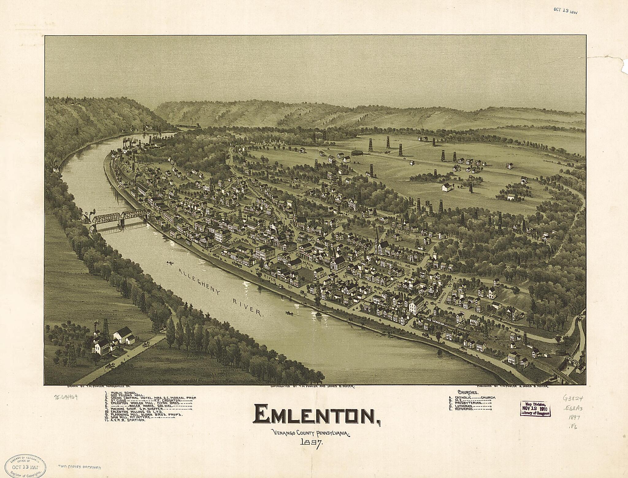 This old map of Emlenton, Venango County, Pennsylvania from 1897 was created by T. M. (Thaddeus Mortimer) Fowler, James B. Moyer in 1897