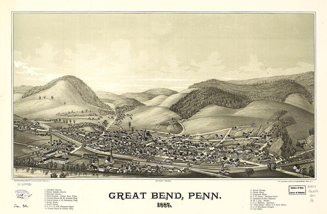 This old map of Great Bend, Pennsylvania from 1887 was created by Burleigh Litho, L. R. (Lucien R.) Burleigh in 1887