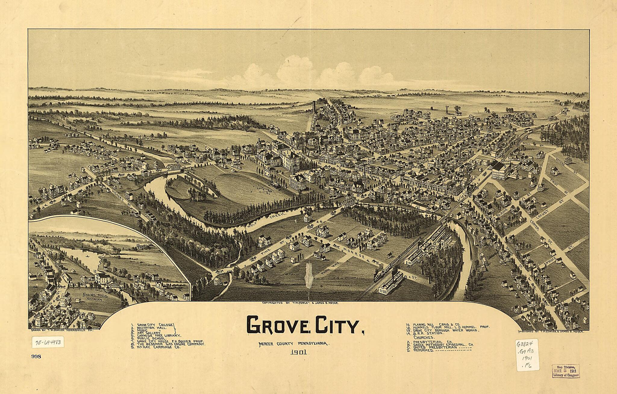 This old map of Grove City, Mercer County, Pennsylvania from 1901 was created by T. M. (Thaddeus Mortimer) Fowler, James B. Moyer in 1901