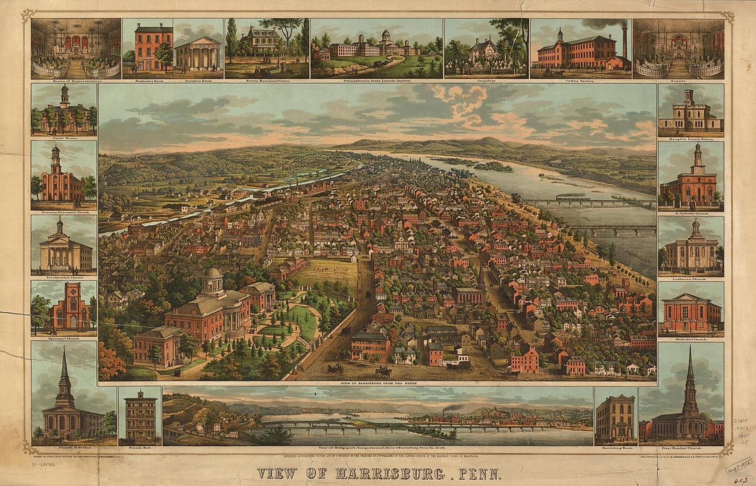 This old map of View of Harrisburg, Pennsylvania from 1855 was created by E. Sachse & Co, J. Thomas Williams in 1855