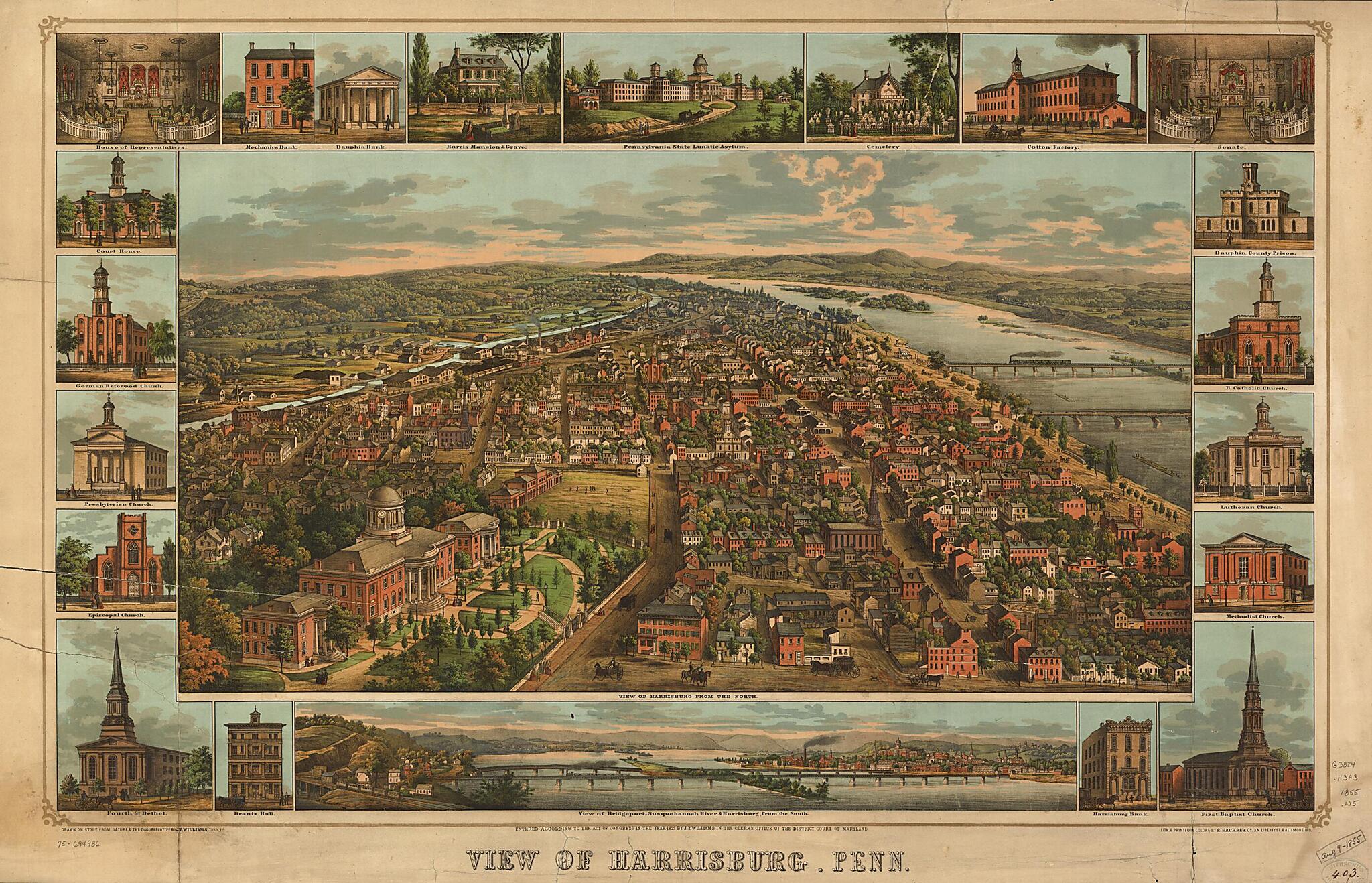 This old map of View of Harrisburg, Pennsylvania from 1855 was created by E. Sachse & Co, J. Thomas Williams in 1855