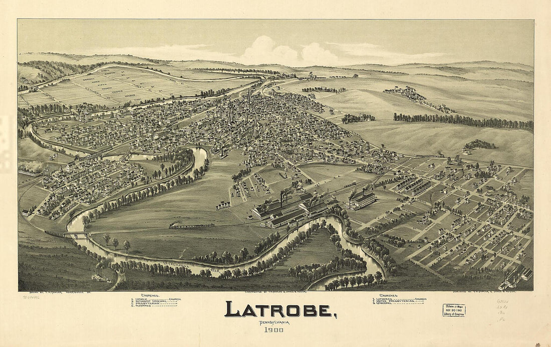 This old map of Latrobe, Pennsylvania from 1900 was created by T. M. (Thaddeus Mortimer) Fowler, James B. Moyer in 1900