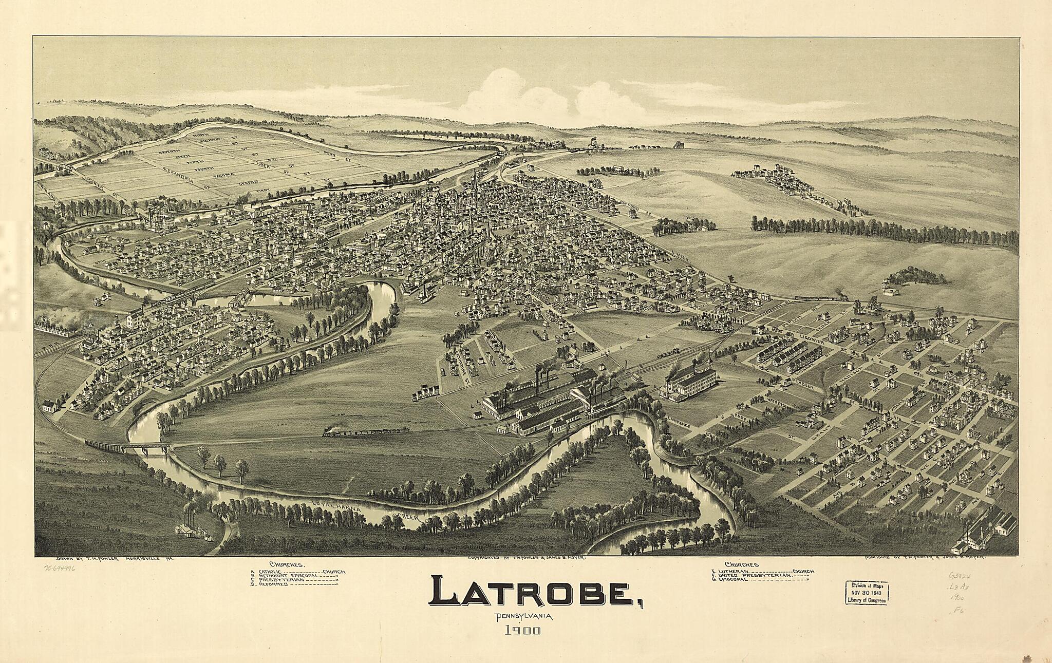 This old map of Latrobe, Pennsylvania from 1900 was created by T. M. (Thaddeus Mortimer) Fowler, James B. Moyer in 1900