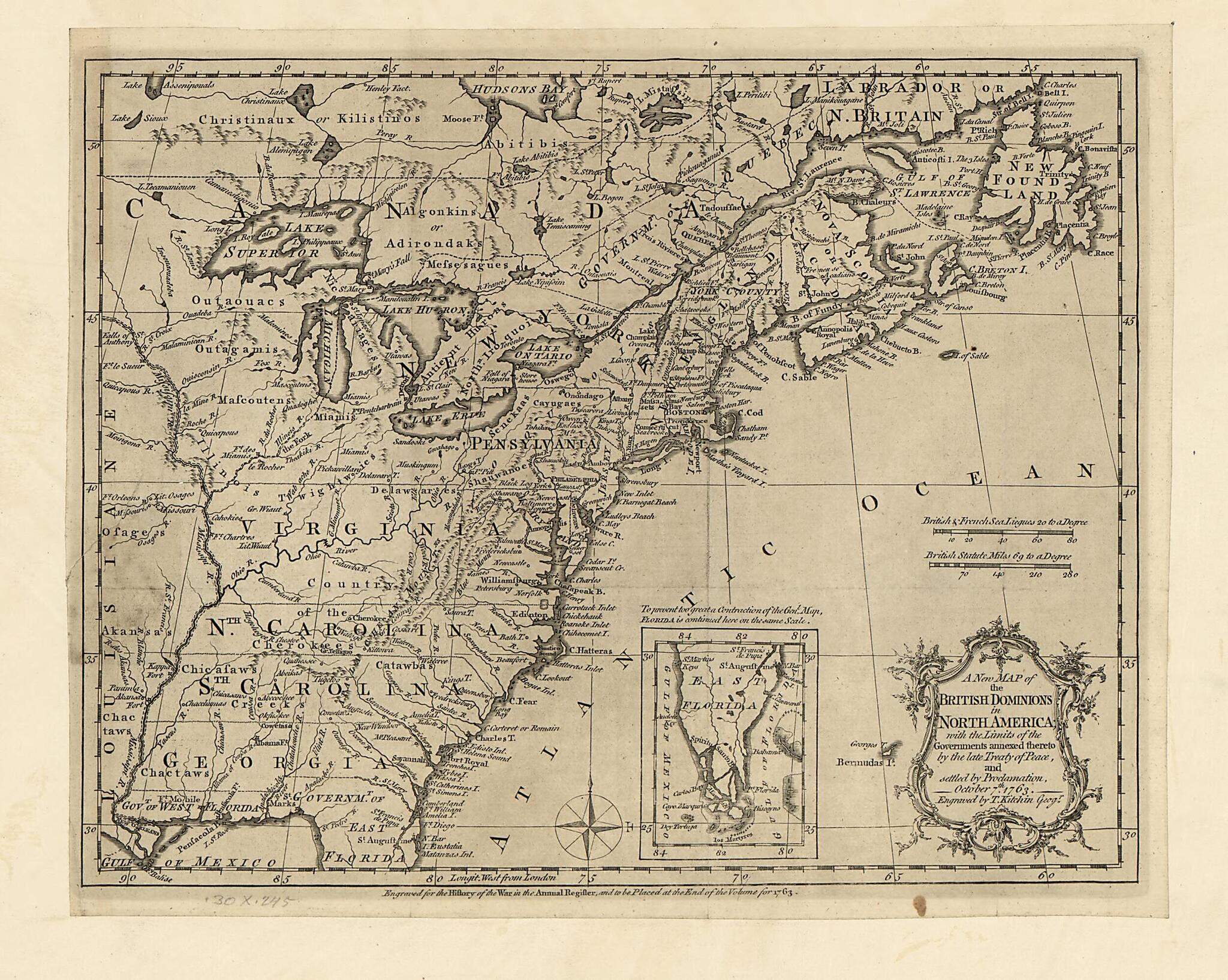 This old map of A New Map of the British Dominions In North America; With the Limits of the Governments Annexed Thereto by the Late Treaty of Peace, and Settled by Proclamation, October 7th from 1763 was created by Thomas Kitchin in 1763