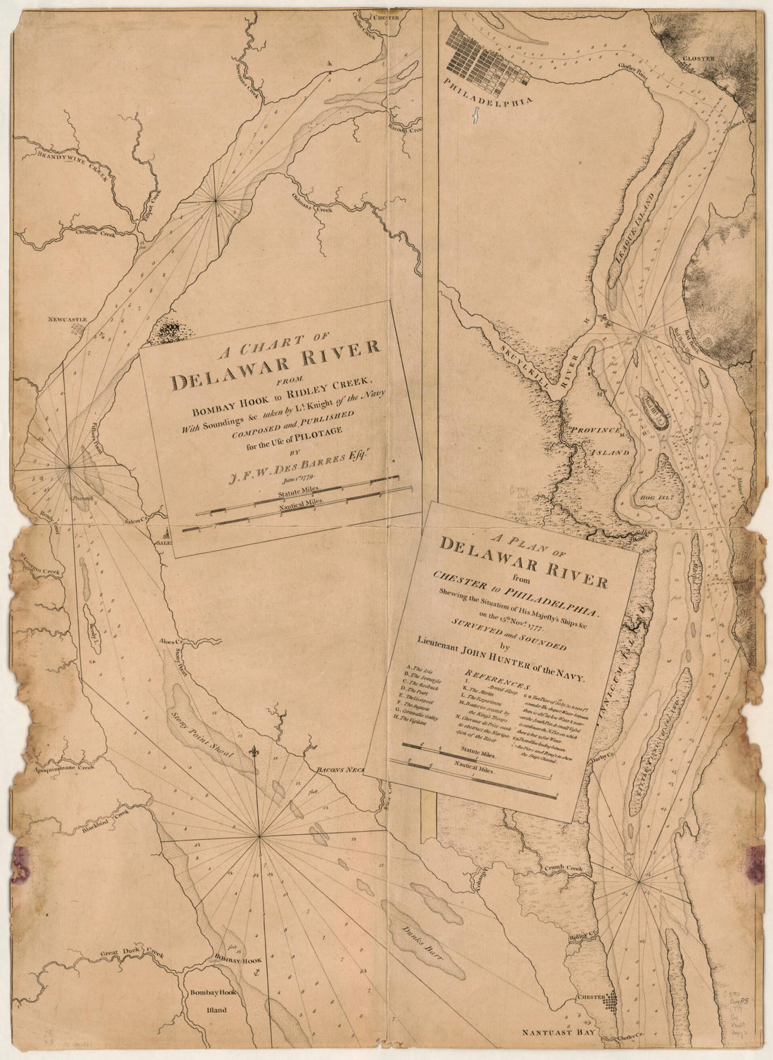 This old map of A Chart of Delawar River from Bombay Hook to Ridley Creek, With Soundings &c Taken by Lt. Knight of the Navy from 1779 was created by Joseph F. W. (Joseph Frederick Wallet) Des Barres, John Hunter, John Knight in 1779