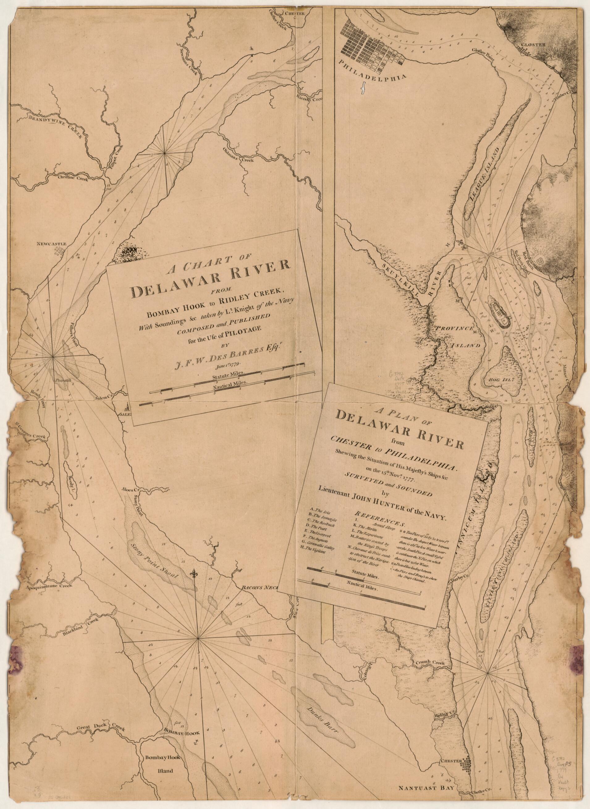 This old map of A Chart of Delawar River from Bombay Hook to Ridley Creek, With Soundings &c Taken by Lt. Knight of the Navy from 1779 was created by Joseph F. W. (Joseph Frederick Wallet) Des Barres, John Hunter, John Knight in 1779