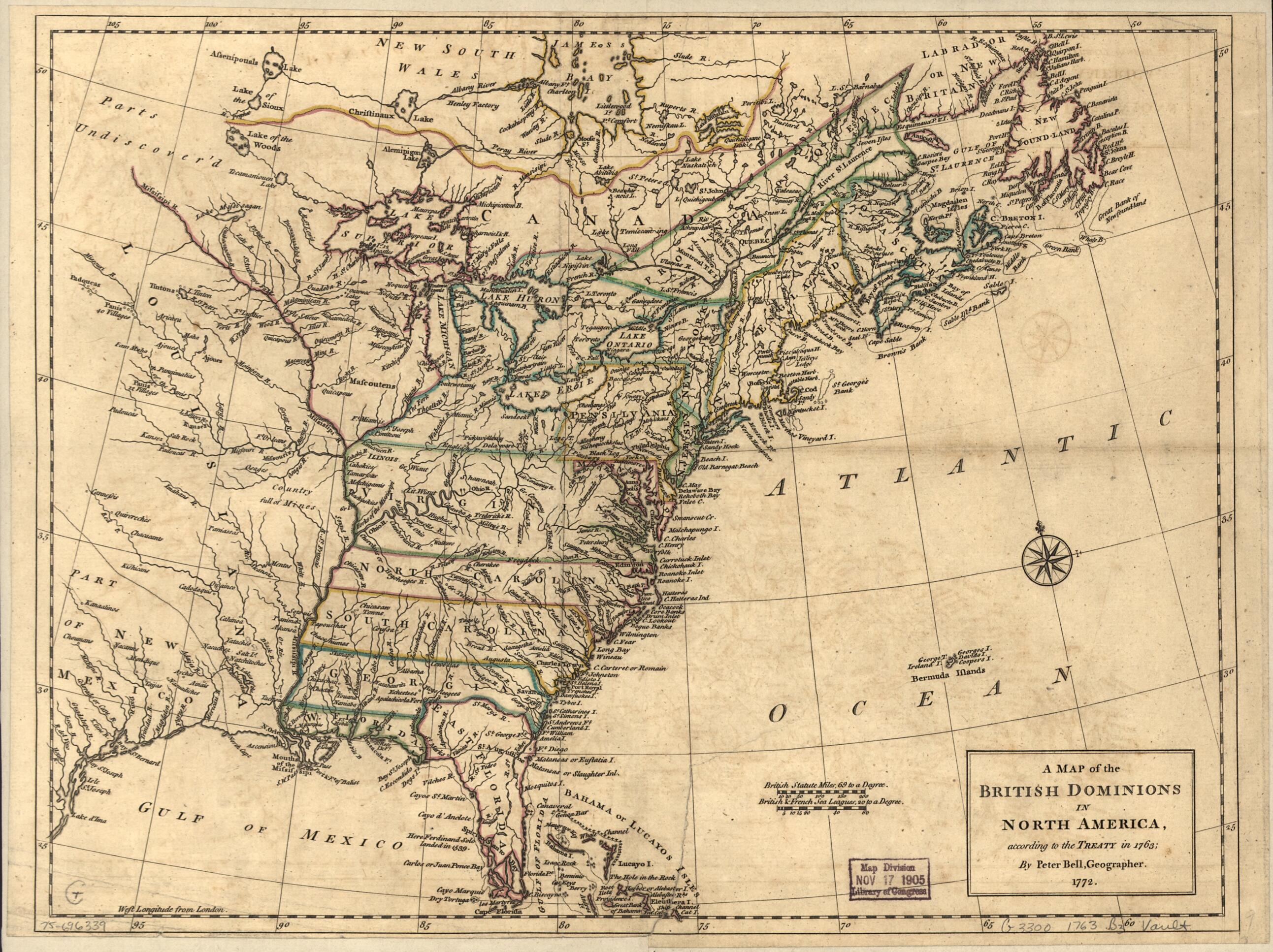 This old map of A Map of the British Dominions In North America, According to the Treaty In 1763 from 1772 was created by Peter Bell in 1772