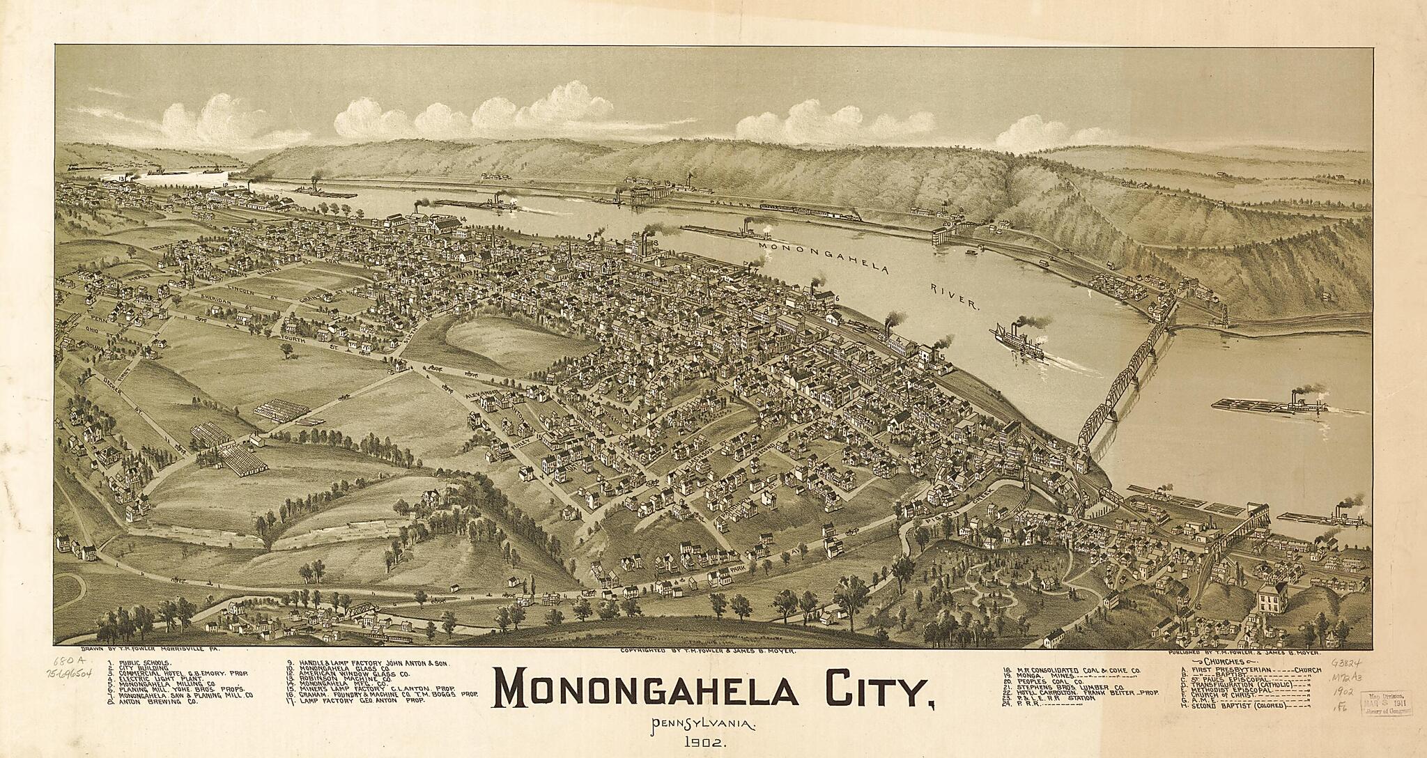 This old map of Monongahela City, Pennsylvania, from 1902 was created by T. M. (Thaddeus Mortimer) Fowler, James B. Moyer in 1902